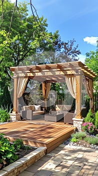 a gazebo with an elegant and sturdy wooden structure, adorned with tan fabric canopies, as seen from the front of a cozy
