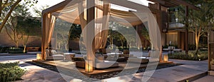 a gazebo with an elegant and sturdy wooden structure, adorned with tan fabric canopies, as seen from the front of a cozy