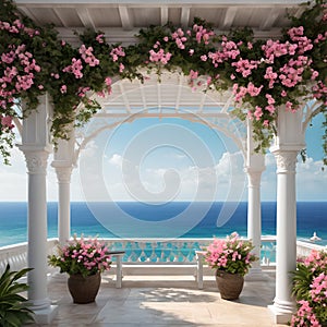 A gazebo with flowers and a bench on the patio.