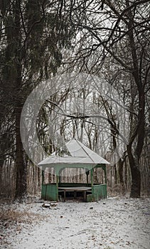 Gazebo in the forest in winter