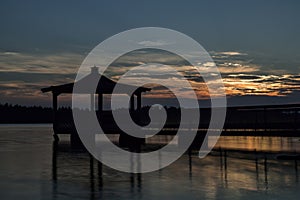 Gazebo in Lake with Sunset