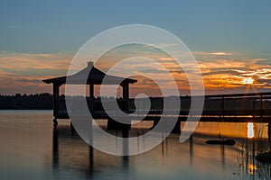 Gazebo in Lake with Sunset