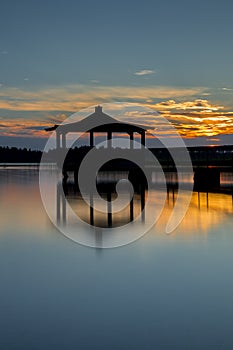 Gazebo in Lake with Sunset