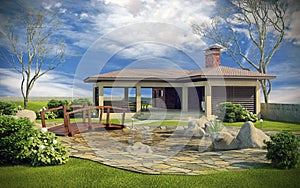 Gazebo in landscaped garden