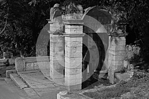 Gazebo with mineral water source in Public Park. Pyatigorsk, Russia. Night. Noisy image