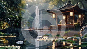 Gazebo Overlooking Pond With Waterfall