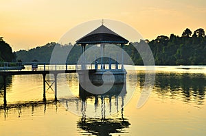 A gazebo at the reservoir on sunset