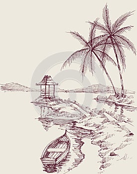 Gazebo on sea shore vector hand drawing