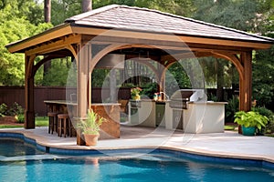 Gazebo swimming pool bbq area. Generate Ai