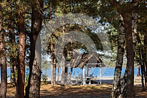 Gazebo with a table and benches photo