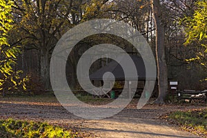 Gazebo for tourists in the autumn forest.