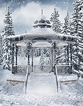Gazebo in the winter forest photo