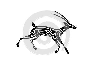 Gazelle animal decorative vector illustration painted by ink, hand drawn grunge cave painting, black isolated running silhouette