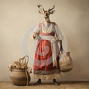 Bavarian Attired Gazelle With Potato Sack On White Background photo