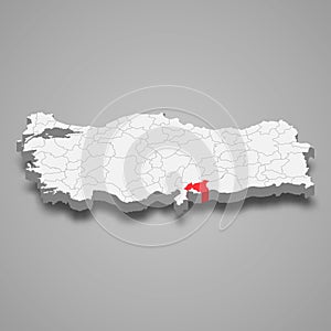 Gaziantep region location within Turkey 3d map