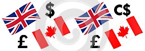 GBPCAD forex currency pair vector illustration. UK and Canada flag, with Pound and Dollar symbol
