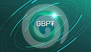 GBPT coin with crypto currency themed banner. GBPT icon on modern neon color background. Cryptocurrency Blockchain technology,