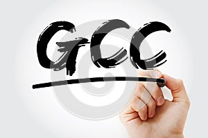 GCC - Gulf Cooperation Council acronym with marker, business concept background