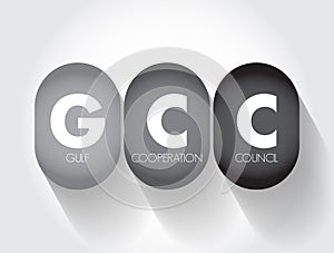 GCC Gulf Cooperation Council - regional, intergovernmental political and economic union, acronym text concept background