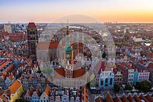 Gdansk is a city in Poland. Gdansk in the morning rays, the sun is reflected from the roofs of the old city.