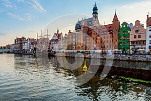 Gdansk city riverside view on famous facades of old medieval houses on the promenade in Gdansk city