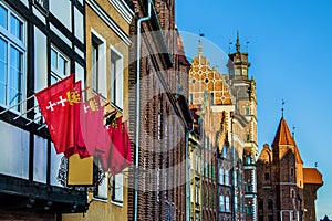 Gdansk flag. Beautiful typical colorful houses buildings in old historical town centre, Gdansk, Poland