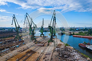 Gdansk Harbor Aerial View. Cranes at the famous shipyard of Gdansk, Pomerania, Poland