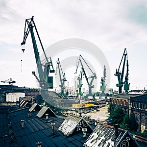 Gdansk Harbor Aerial View. Cranes at the famous shipyard of Gdansk, Pomerania, Poland