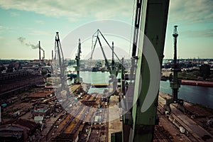 Gdansk Harbor Aerial View. Cranes at the famous shipyard of Gdansk, Pomerania, Poland