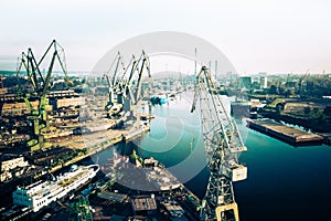 Gdansk Harbor Aerial View. Cranes at the famous shipyard of Gdansk, Pomerania, Poland