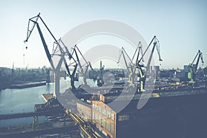 Gdansk Harbor Aerial View. Cranes at the famous shipyard of Gdansk, Pomerania, Poland