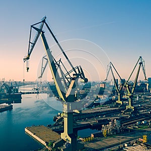 Gdansk Harbor Aerial View. Cranes at the famous shipyard of Gdansk, Pomerania, Poland