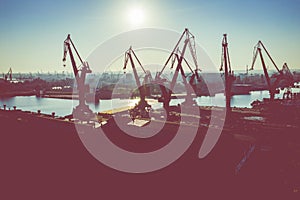 Gdansk Harbor Aerial View. Cranes at the famous shipyard of Gdansk, Pomerania, Poland