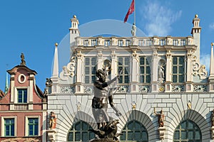 Gdansk - The Neptune's Fountain in Old Town of Gdansk, Poland. The fountain is located in the central point