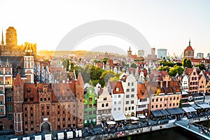 Gdansk, North Poland - Panoramic aerial shot of Motlawa river embankment in Old Town during sunset in summer