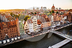 Gdansk, North Poland : Wide angle panoramic aerial shot of Motlawa river embankment in Old Town during sunset in