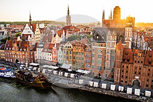 Gdansk, North Poland - Wide angle panoramic aerial shot of Motlawa river embankment in Old Town during sunset in