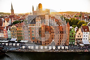 Gdansk, North Poland : Wide angle panoramic aerial shot of Motlawa river embankment in Old Town during sunset in