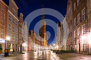 Gdansk - October 31, 2020: Architecture of the Long Lane in Gdansk old town by night, Poland