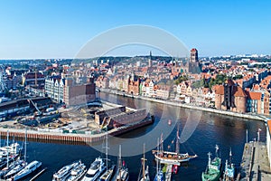 Gdansk old city, Poland. Aerial view with main monuments, ruins