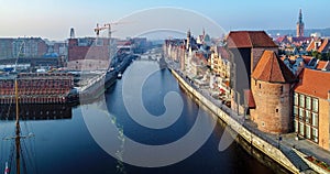 Gdansk old city, Poland. Aerial view with old crane, Motlawa