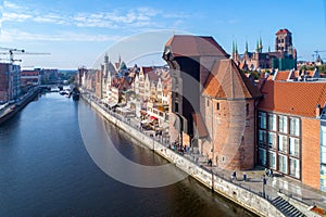 Gdansk old city, Poland. Aerial view with old crane and river