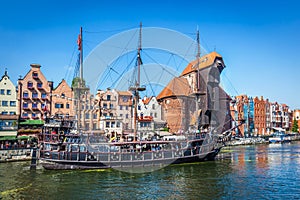 Gdansk old town and famous crane, Polish Zuraw. Motlawa river in Poland.