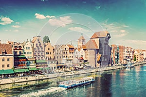 Gdansk old town and famous crane, Polish Zuraw. Motlawa river in Poland. Vintage