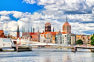 Gdansk Old Town View Over Motlawa River and Olowianka Footbridge During a Sunny Day