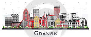 Gdansk Poland city skyline with color buildings isolated on white. Gdansk cityscape with landmarks. Business travel and tourism