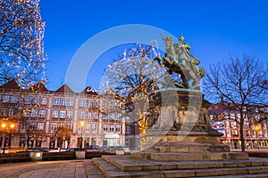 Monument of King John III Sobieski in old town of Gdansk with christmas lights, Poland