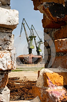 Gdansk, Poland - July 19 2022: Industrial building at the Gdansk Shipyard, former Lenin Shipyard, prefabrication