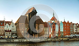 Gdansk, Poland - Jun 21, 2016: old town, Poland, beautiful evening, view to the old town, Gdansk old town background, classic boat