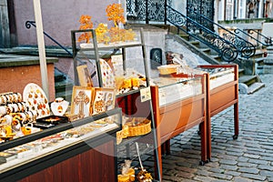 Mariacka Street, amber jewelry accessory shop in Gdansk, Poland